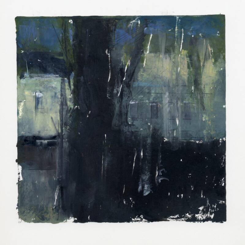 Night landscape with yellow houses and black tree in front