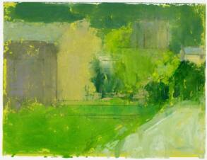 Tan house in green landscape with light green road at right