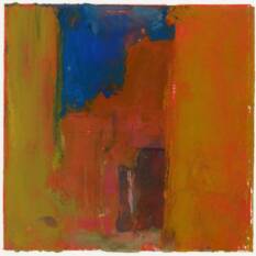 Orange and yellow shaoes with blue sky and brown door