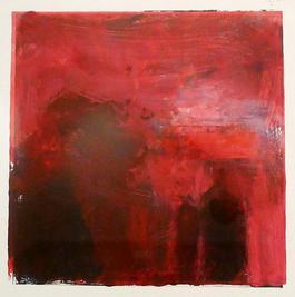 Abstract monotype with different reds, two darker blood red shapes at bottom left and bottom center