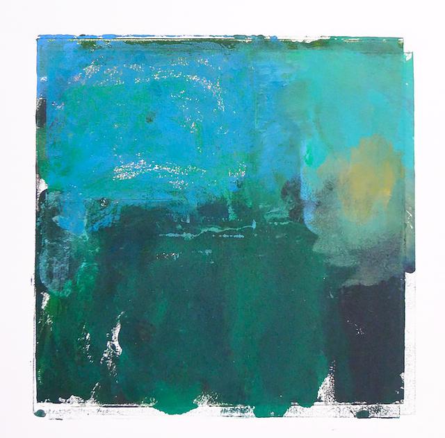 Blue and green gestural shapes in a square composition