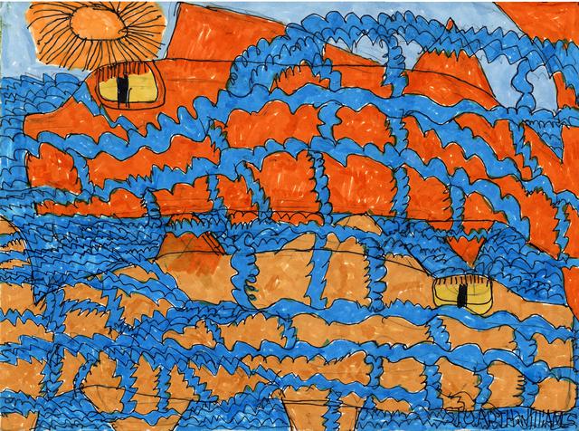 Orange animal with yellow eye interwoven with blue squiggly vertical and horizontal lines and yellow sun
