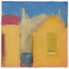 Orange buildings with yellow window, red roof and blue sky