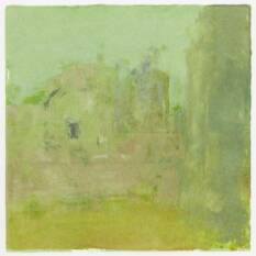 Hazy green landscape with buildings at center and trees at right
