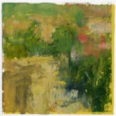 Abstracted landscape with trees and buildings in a square