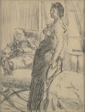 Woman leaning against edge of bed with man sleeping in chair