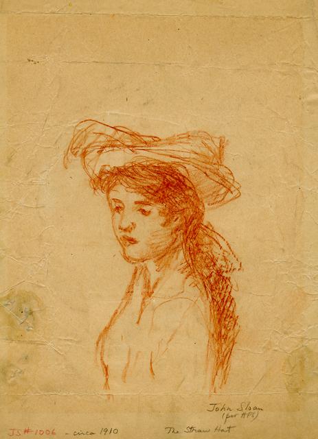 Femal figure with hat and hair tied back in red pencil on tan paper