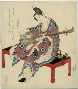 Female figure seated on table playing instrument