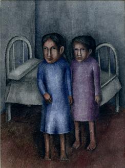 Two figures--one in blue dress and one in purple dress in front of white bed in room with blue walls