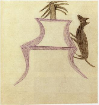 Cat stands vertically on right on two legged maroon object with brown spikey object on top