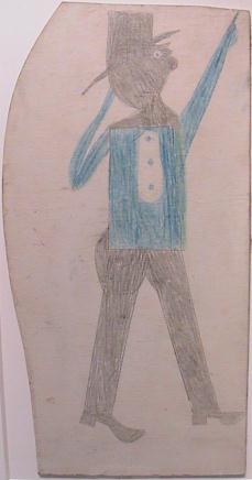 Man in blue shirt with top hat bends one art with hand soutching face and left arm points to upper right corner