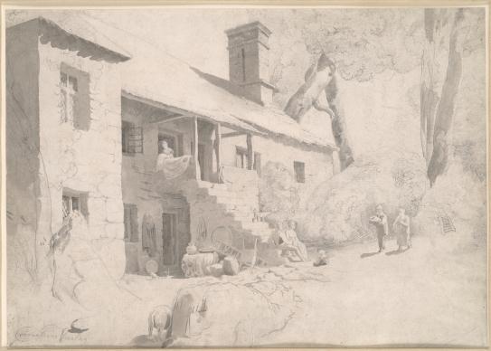 House with stairs, figures, and animals