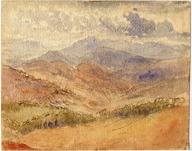 Orange, brown, and blue mountain landscape with cloudy sky