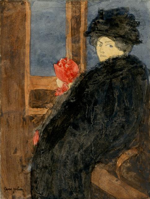 Seated figure in large black cloak and hat next to child in red hat in front of window