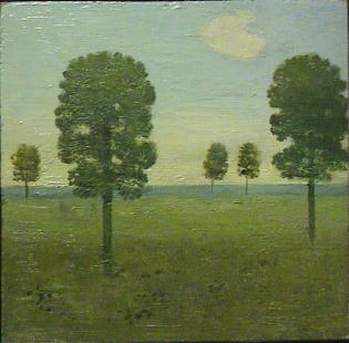 Two trees in foreground and three trees in background of grassy landscape with single cloud in the sky