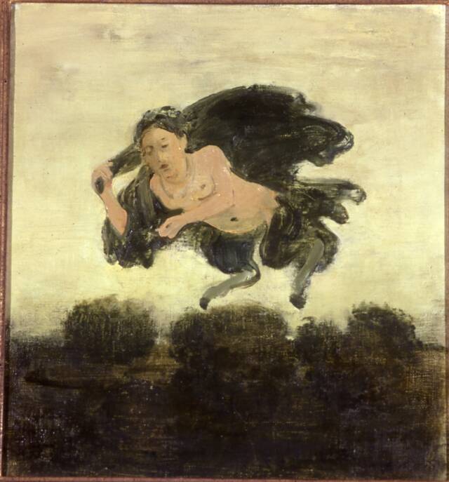 Figure with upper half of man and legs of goat and black wings flying above black trees and landscape