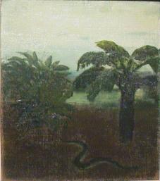 Palm tree at right and leafier tree at left on brown ground with black snake in front