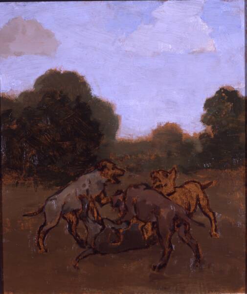 Four dogs rolling and barking in landscape with trees and blue sky with two clouds