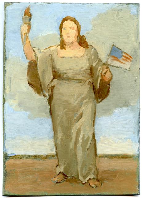 Female figure in light green dress in landscape holding small American flag in left hand and holding torch aloft in right hand
