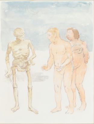 Two nude figures, one blonde mle and one brunette female, at right look at standing skeleton at left