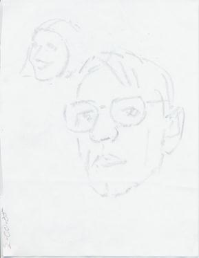 Head of man wearing glasses at center with smaller head of woman above at left, lightly drawn on white paper