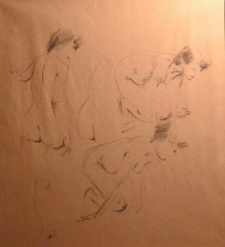 Pencil study with three nude female figures at center of composition standing, crouching, and kneeling