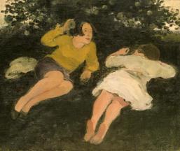 Woman in yellow top and black skirt laying on side facing woman laying on stomach in white dress on grassy hill with shrugs at horizon