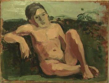 Reclining nude made figure with legs and arms bend on green ground