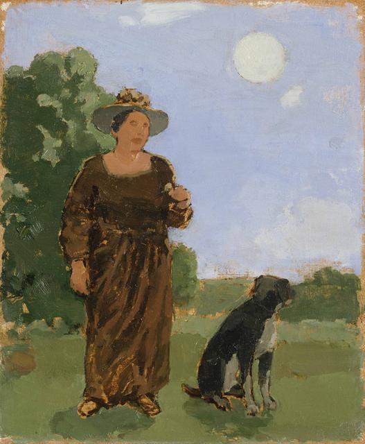 Woman in brown dress and grey hat standing center left; black and white docg sitting at center right, in a landscape