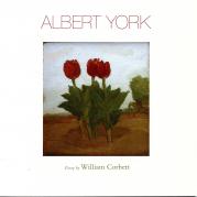 Albert York painting of tulip snand horse with rider below red lettering of artist name, with author name below image