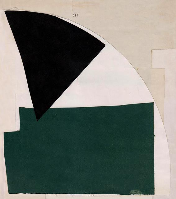 Black triange at top left above hunter green rectangle with white geometric shape behind on tan paper