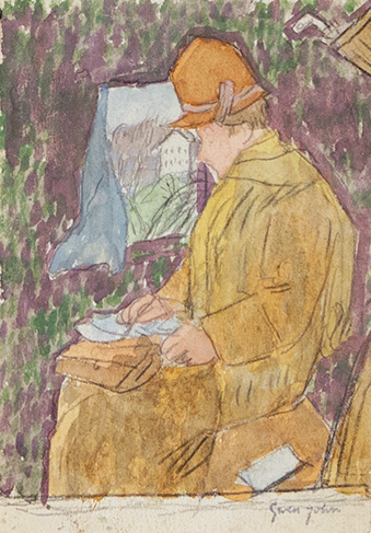 Woman in yellow coat with orange hat in purple and green room with window with blue curtain