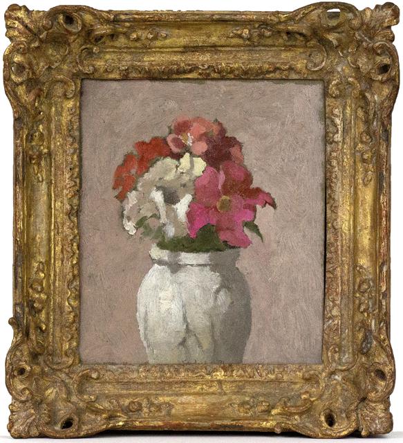 Pink, red, and white flowers in white vase in ornate gold frame