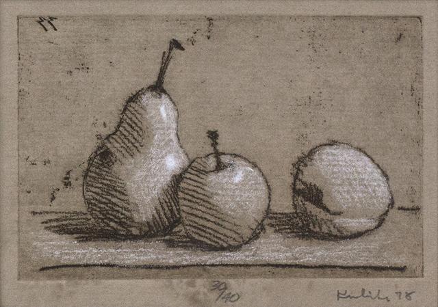 Pear at left with apple at center and peach at right on table