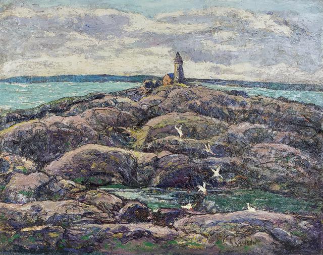 Rock landscape with lighthouse, ocean, and flock of birds