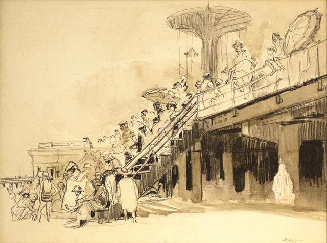 Crowd of people on the stairs and on pier with umbrellas and tower at top