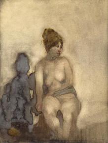 Seated nude female figure at center with shadow to left