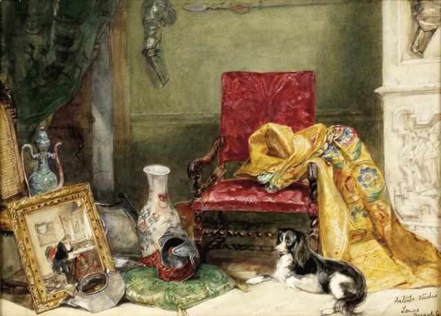 Dog seated at the foot of red chair with yellow fabric draped over one arm; vases, picture frames, and other objects pile at left side of picture