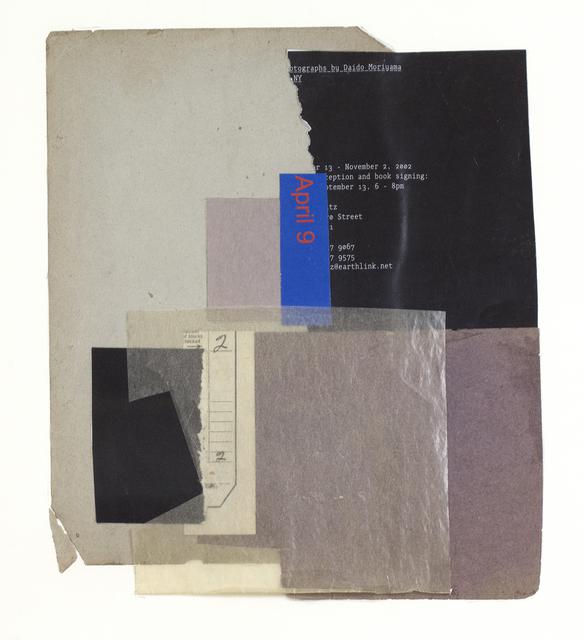 Abstract collage with grey, black and beige squares with blue rectangle with text at center