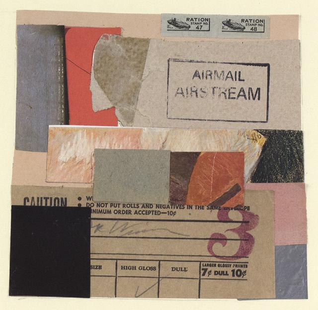 Abstract collage of tan, pink, red, and black papers with visible text reading "Airmail Airstream" at top right and the number three at bottom right