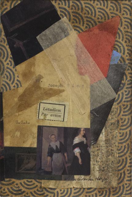 Beige, black, and red shapes, with image of two women at bottom right on rectangular patterend paper