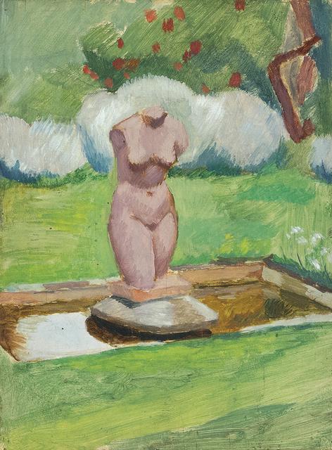 Statue of headless nude torso in pond in garden