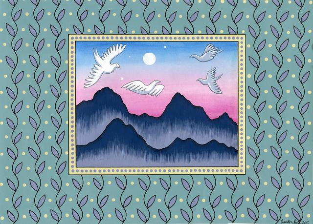 Mountain landscape with moon and doves at center with picture frame and blue leafy wallpaper behind