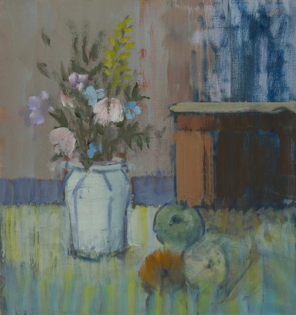 Flowers in light blue vase with three fruits on green table and brown table behind