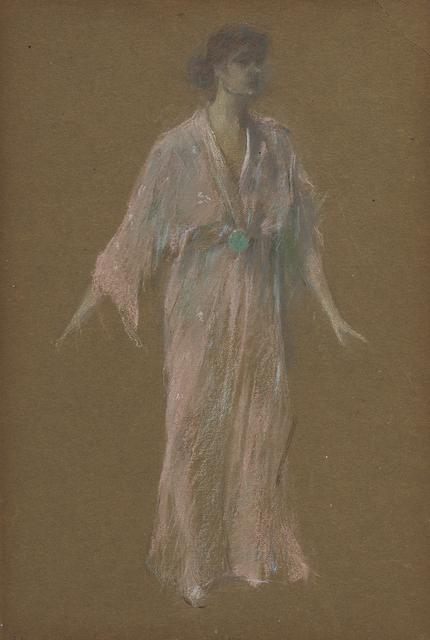 Woman standing in pink kimono with hair pulled back on brown paper