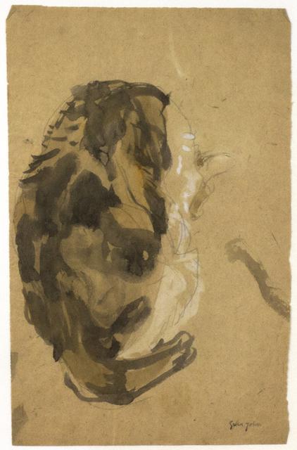 Tortoise-shell cat seated adn bending down to clean belly on tan paper