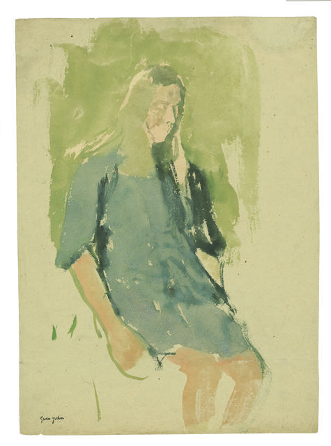 Blonde girl in blue dress with green around her head on tan paper