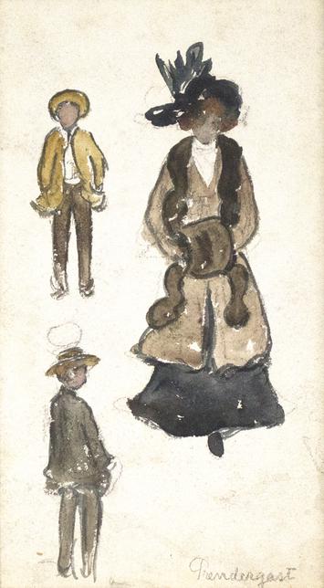 Three figures: Female figure in hat with hand muff at center right, one figure in yellow jacket and beige hat at top center left, and at bottom cetner left one figure facing away wearing black jacket and brown hat