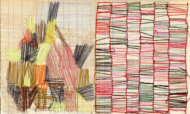 Multicolored thread drawing with triangular block of shapes at left and grid on right on ledger paper