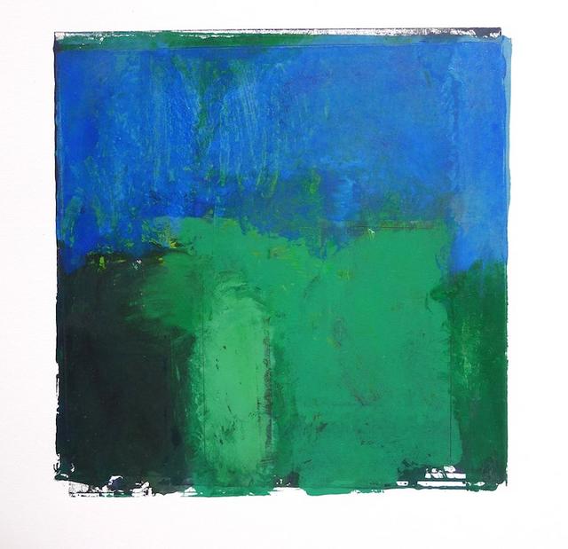 Blue and green shapes in abstract landscape in a square